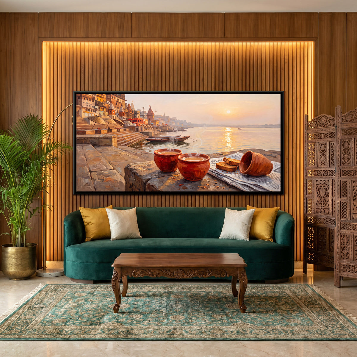 Chai and Toast by the River - canvas art shown in a styled room