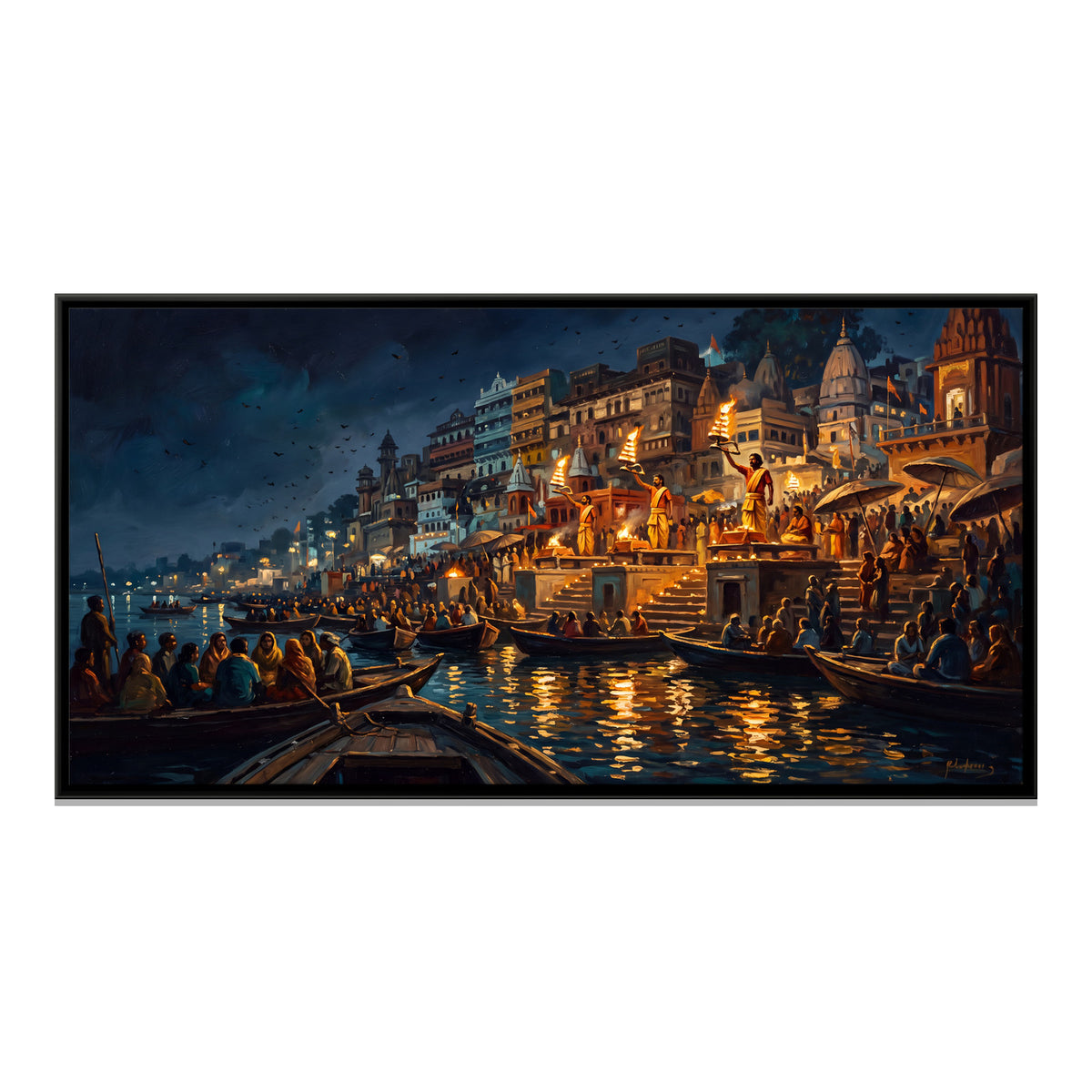 Ganga Aarti from the River - framed canvas print, front view