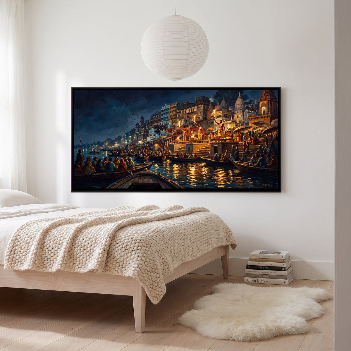 Ganga Aarti from the River - canvas art shown in a styled room