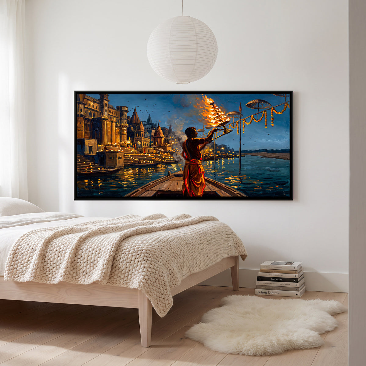 Ganga Aarti - canvas art shown in a second room setting