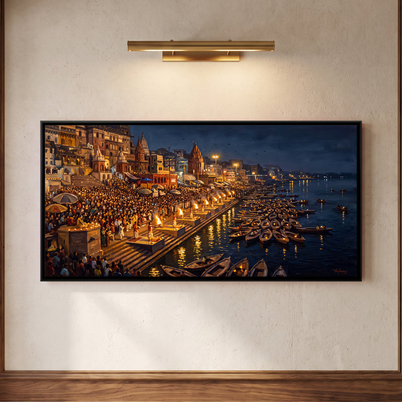 Ganga Aarti on the Ghats - framed canvas art hung on a wall