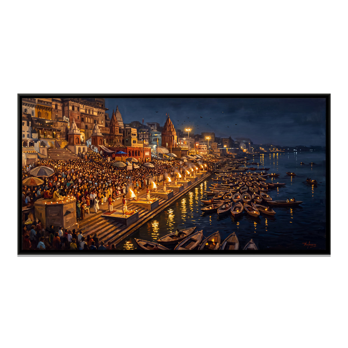 Ganga Aarti on the Ghats - framed canvas print, front view