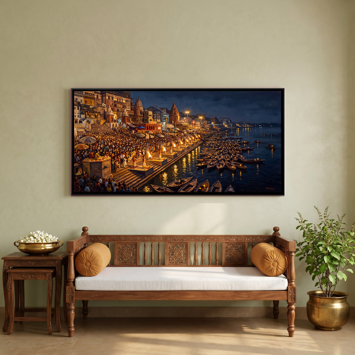 Ganga Aarti on the Ghats - canvas art shown in a styled room