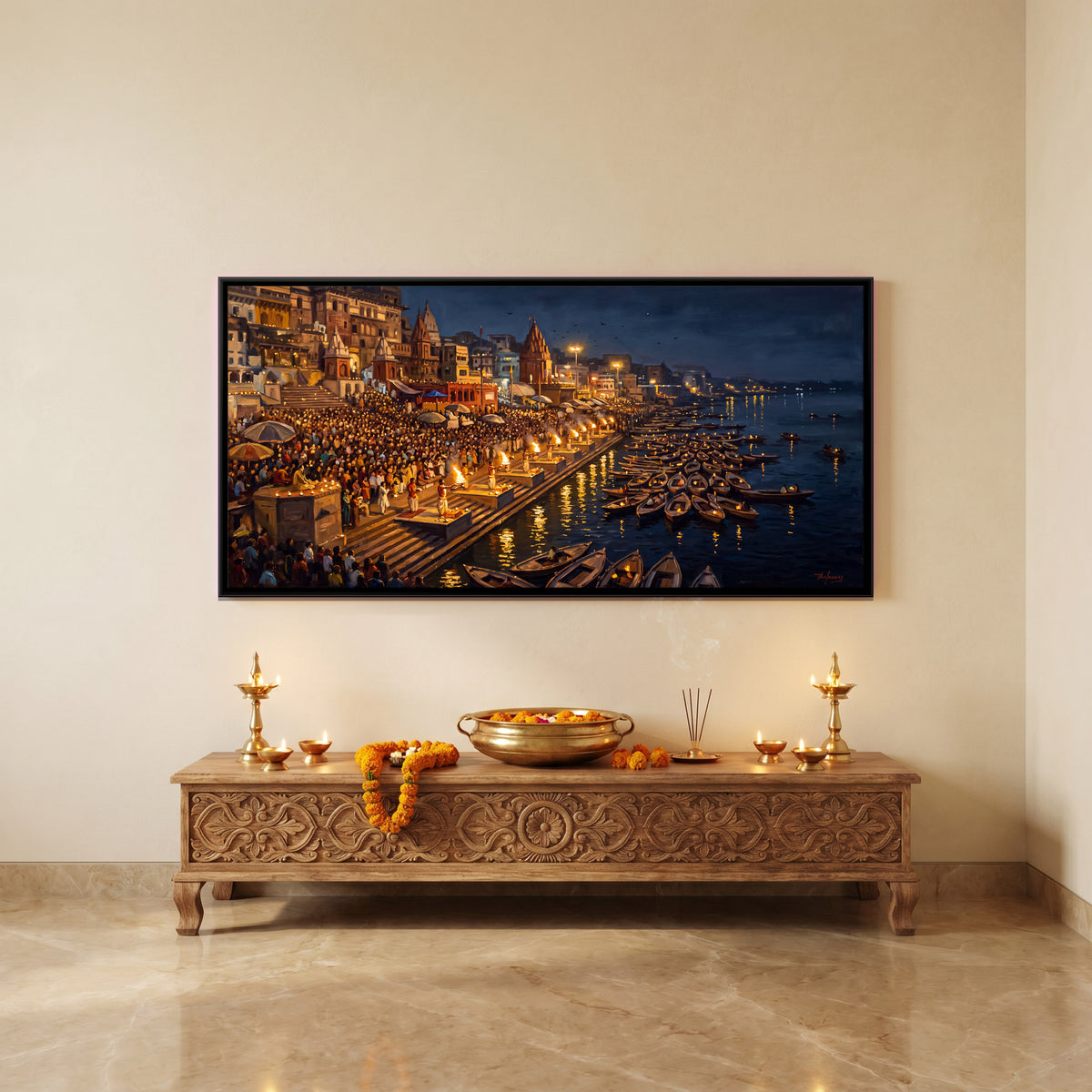 Ganga Aarti on the Ghats - canvas art shown in a second room setting