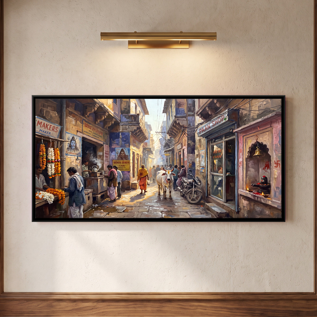 Morning in a Varanasi Lane - framed canvas art hung on a wall