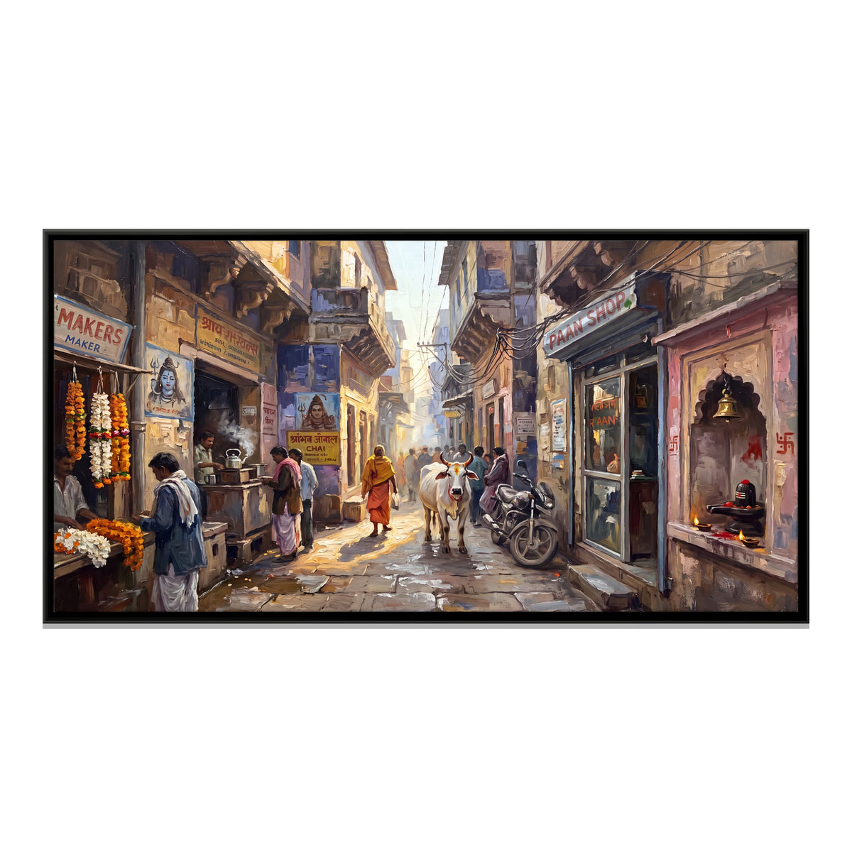 Morning in a Varanasi Lane - framed canvas print, front view