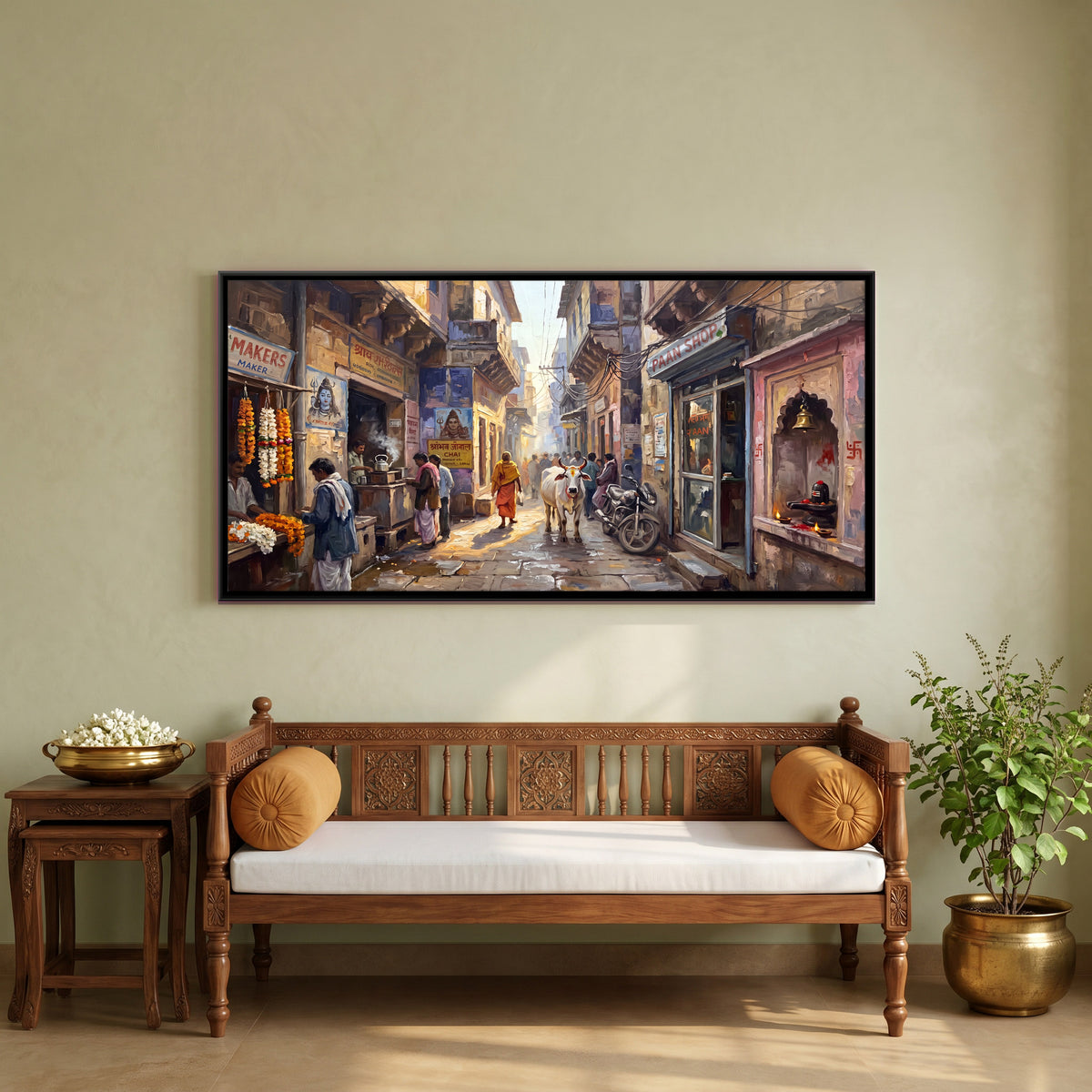 Morning in a Varanasi Lane - canvas art shown in a styled room