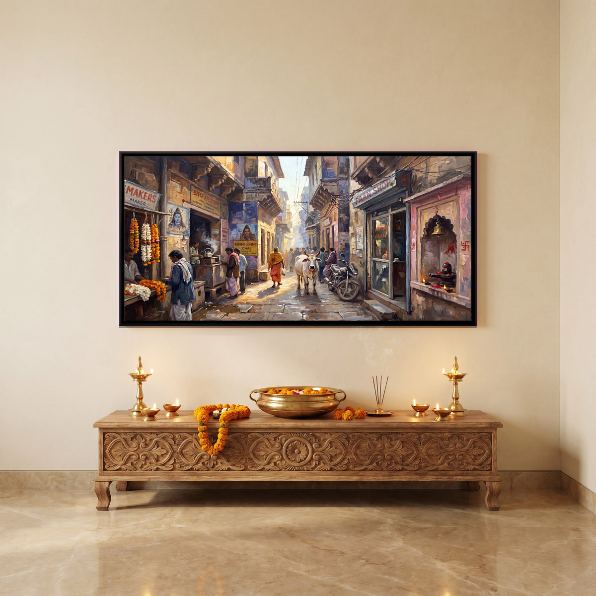 Morning in a Varanasi Lane - canvas art shown in a second room setting