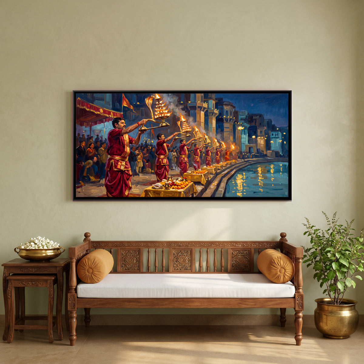 Ganga Aarti - canvas art shown in a styled room