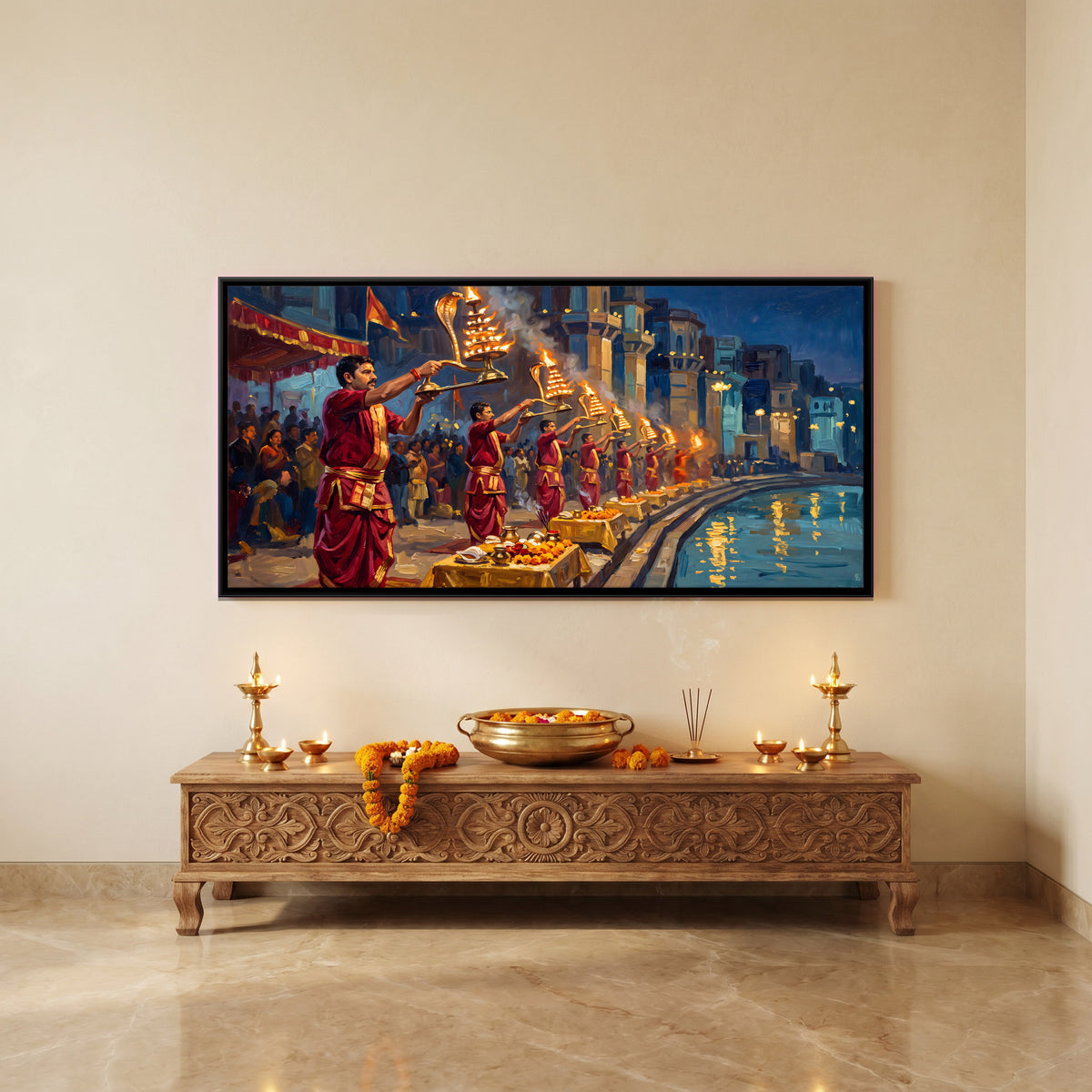 Ganga Aarti - canvas art shown in a second room setting