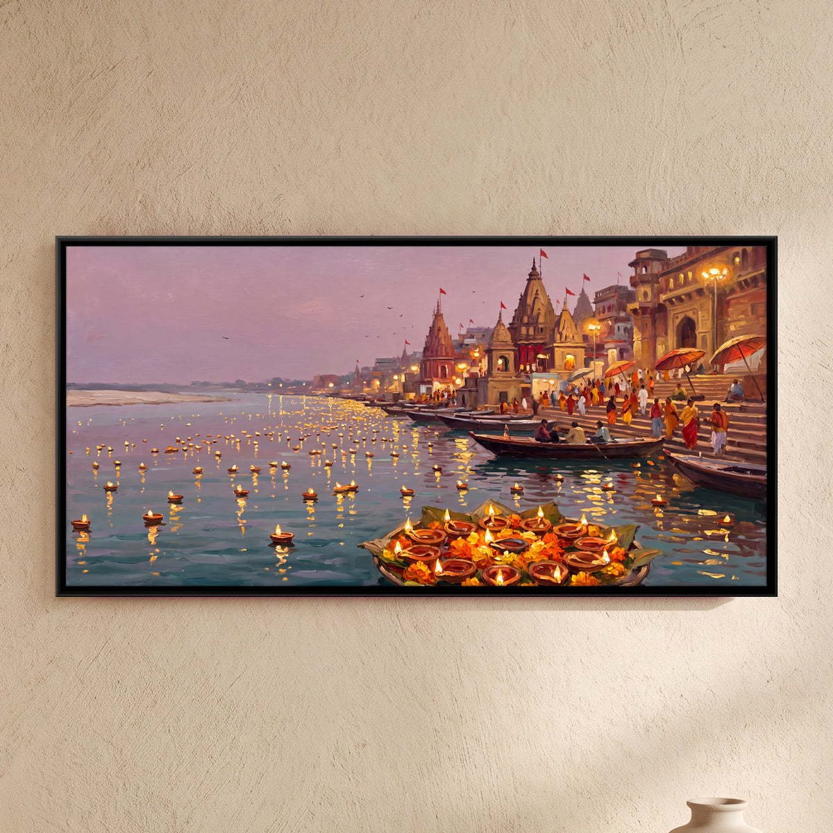 Floating Diyas on the Ganga - framed canvas art hung on a wall