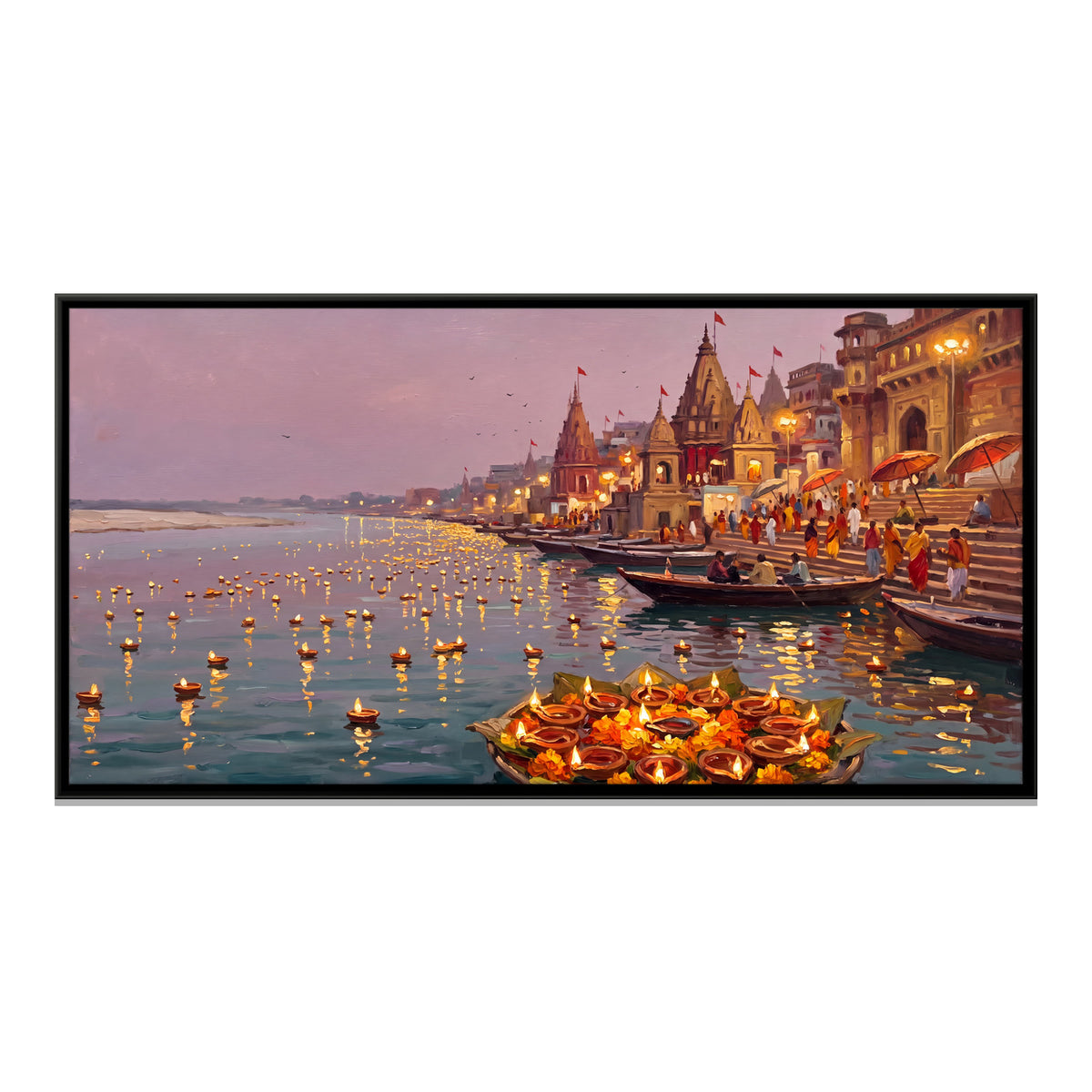Floating Diyas on the Ganga - framed canvas print, front view