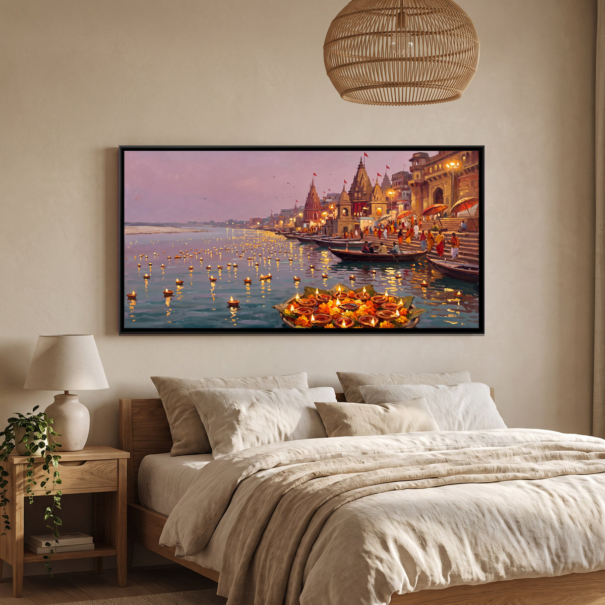 Floating Diyas on the Ganga - canvas art shown in a second room setting