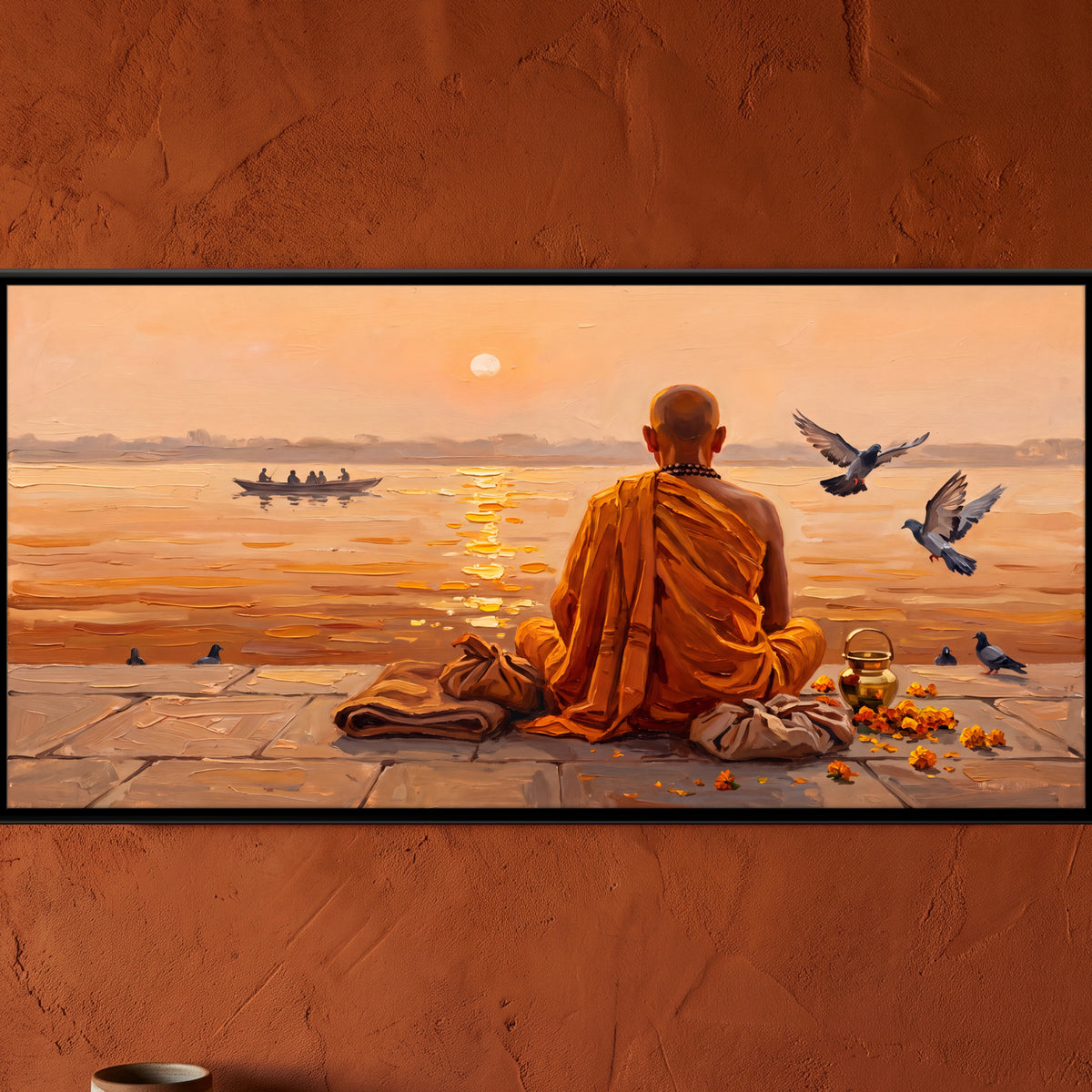 Monk Facing the Sunrise - framed canvas art hung on a wall