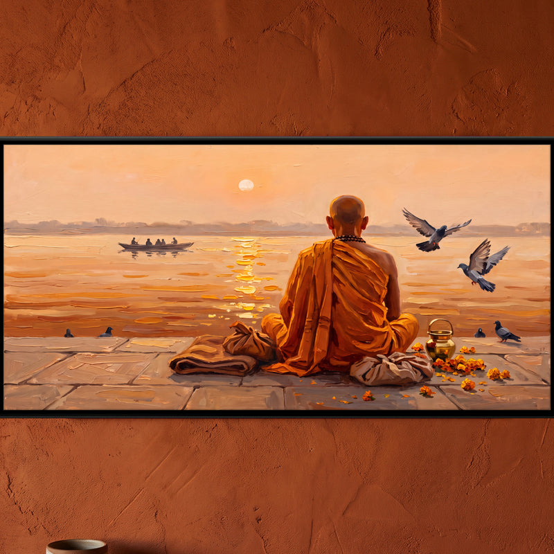 Monk Facing the Sunrise - framed canvas art hung on a wall