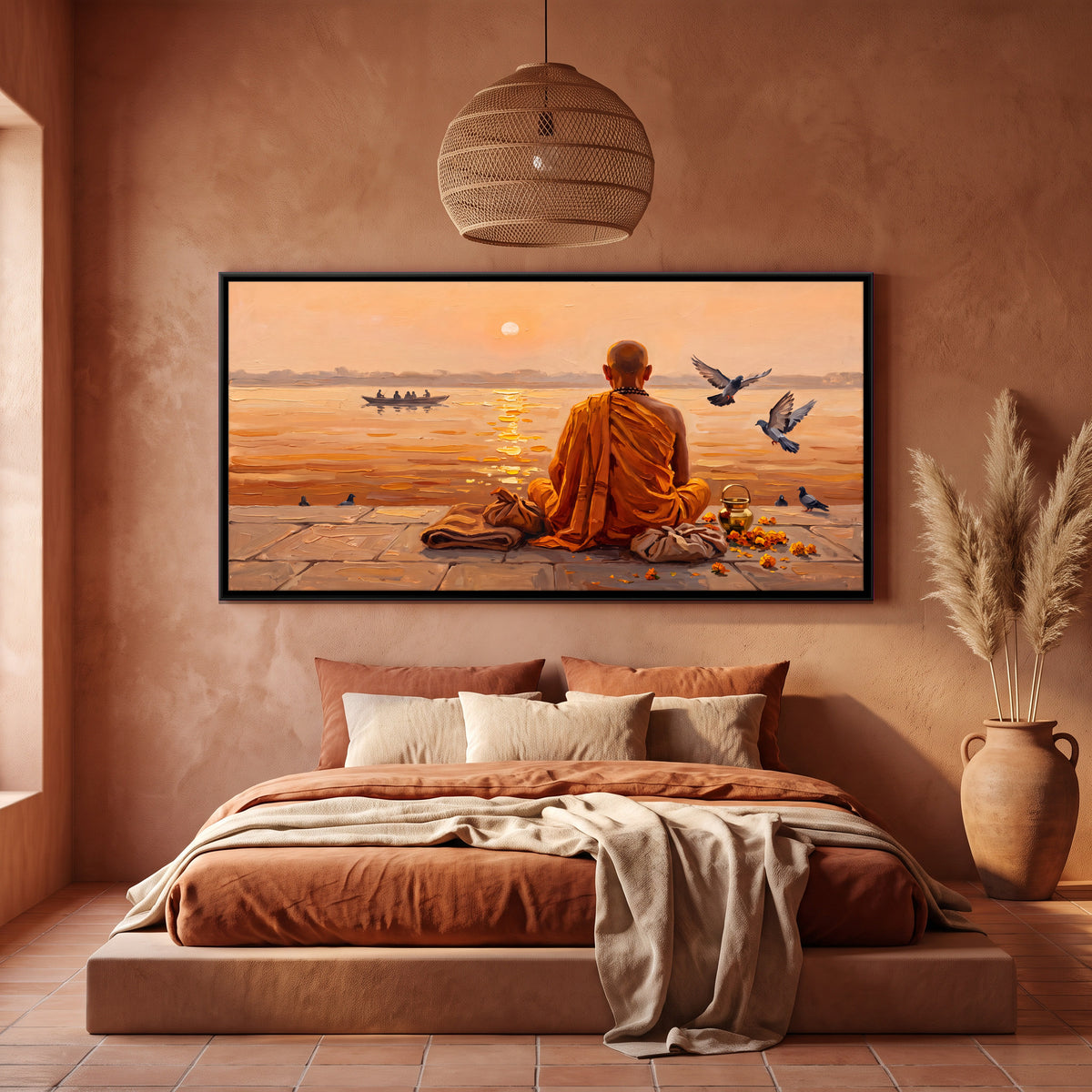 Monk Facing the Sunrise - canvas art shown in a styled room