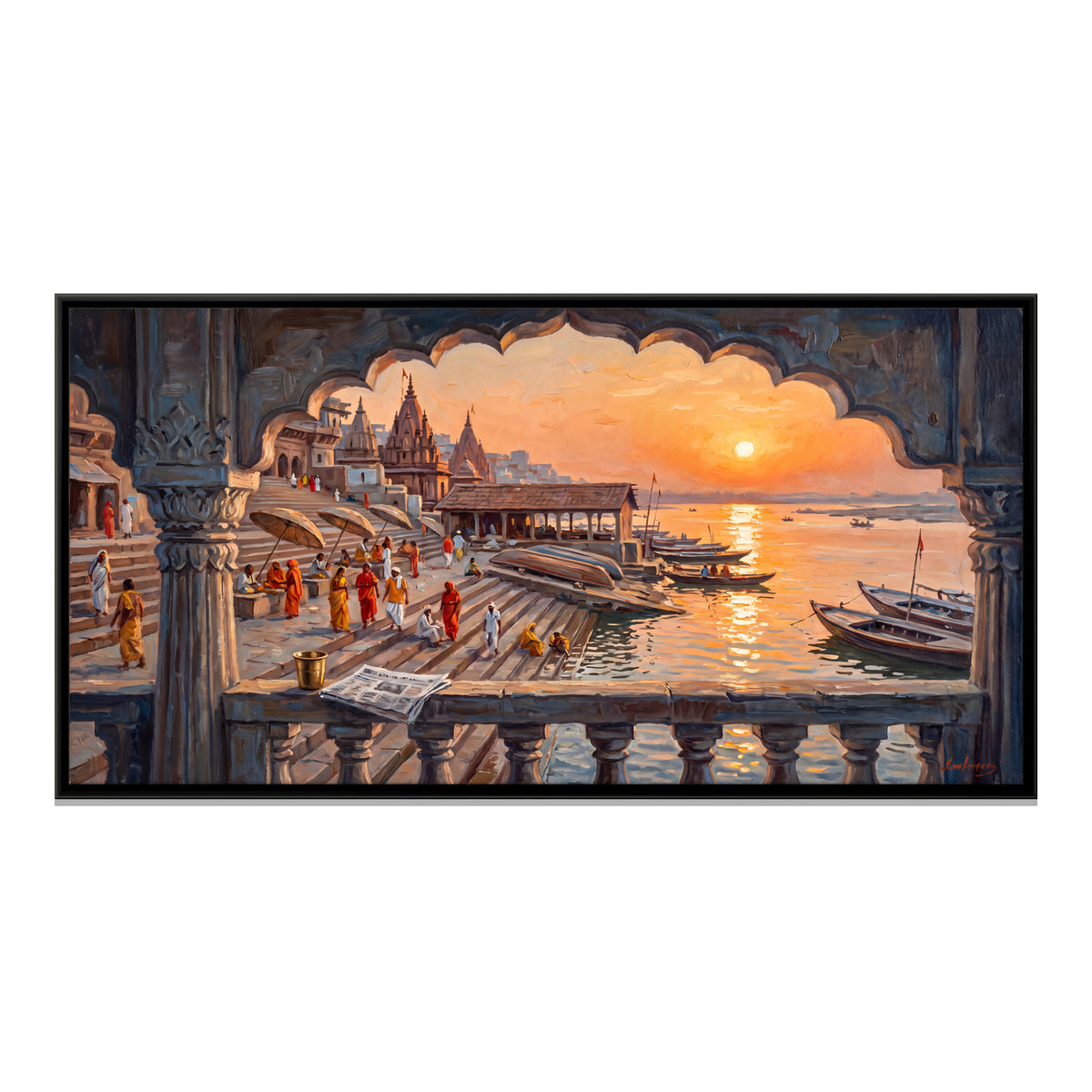 Ghats Through a Carved Arch - framed canvas print, front view