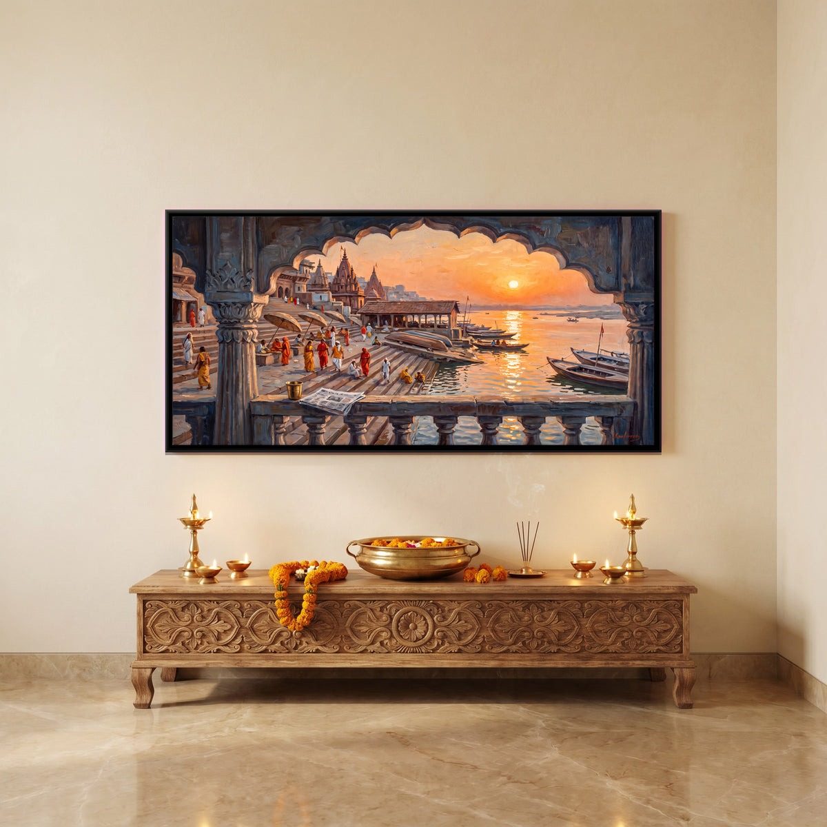 Ghats Through a Carved Arch - canvas art shown in a styled room
