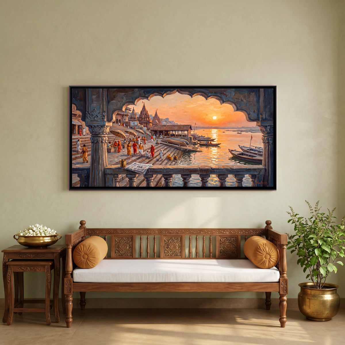 Ghats Through a Carved Arch - canvas art shown in a second room setting