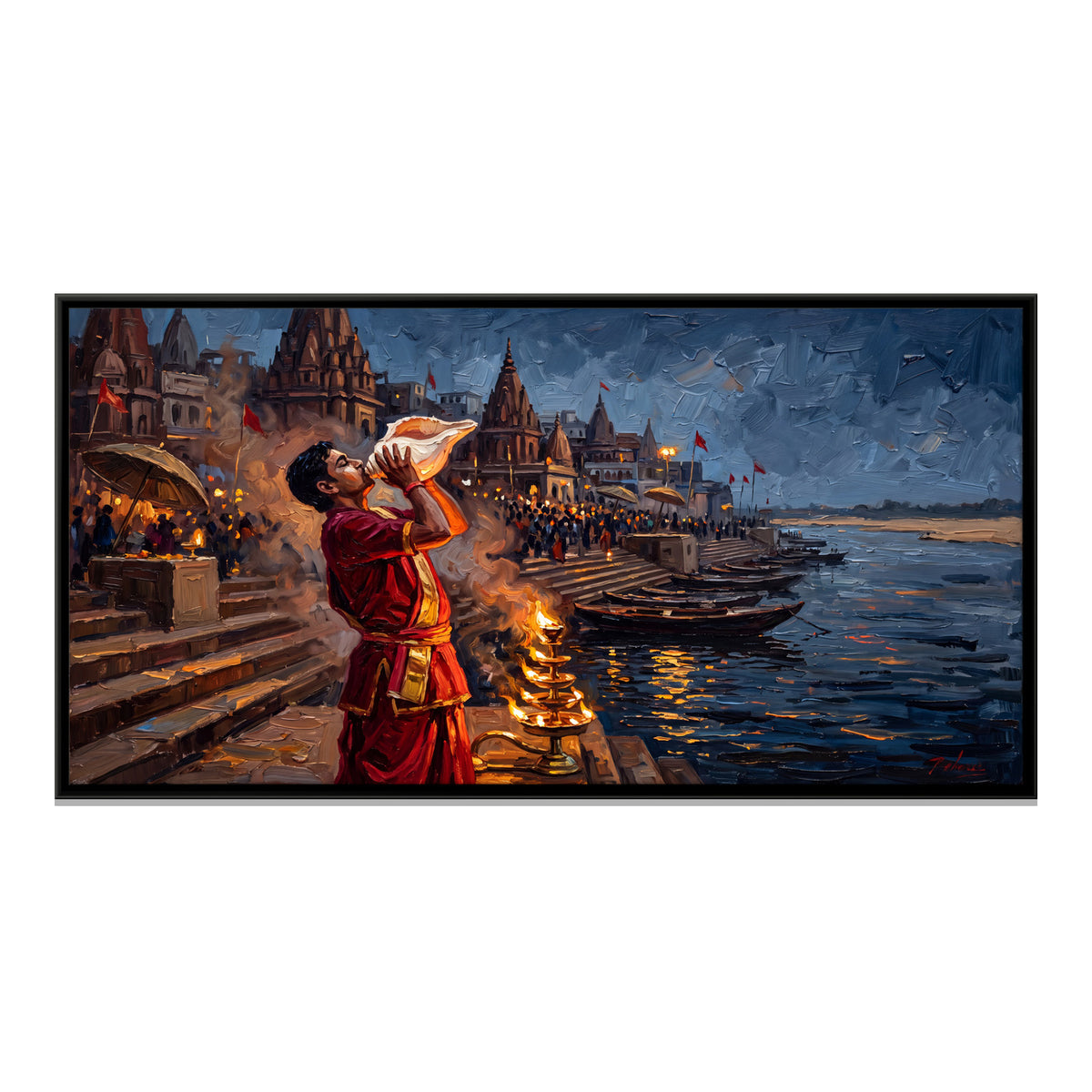 Blowing the Conch at Ganga Aarti - framed canvas print, front view