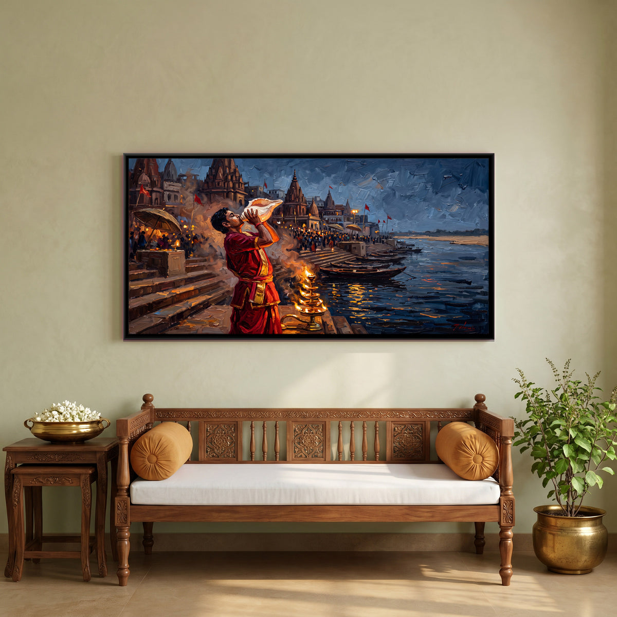 Blowing the Conch at Ganga Aarti - canvas art shown in a second room setting