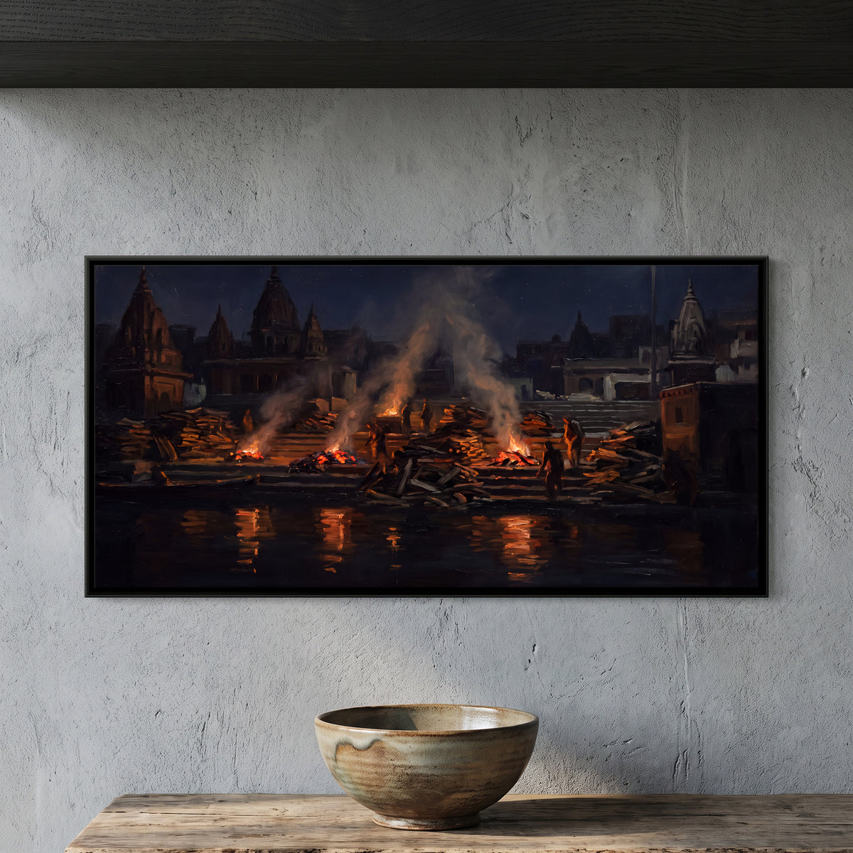 Manikarnika Ghat at Night - framed canvas art hung on a wall