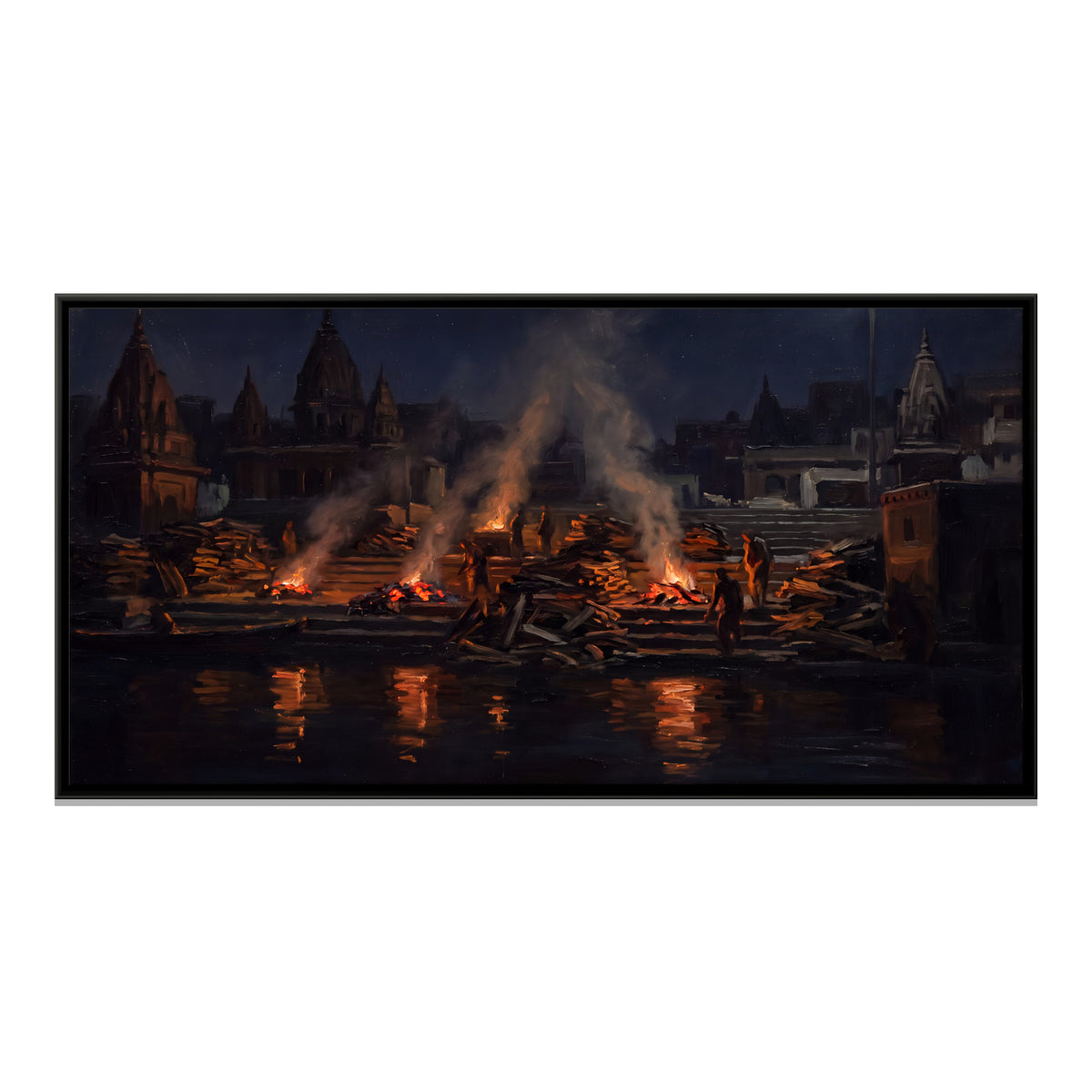 Manikarnika Ghat at Night - framed canvas print, front view