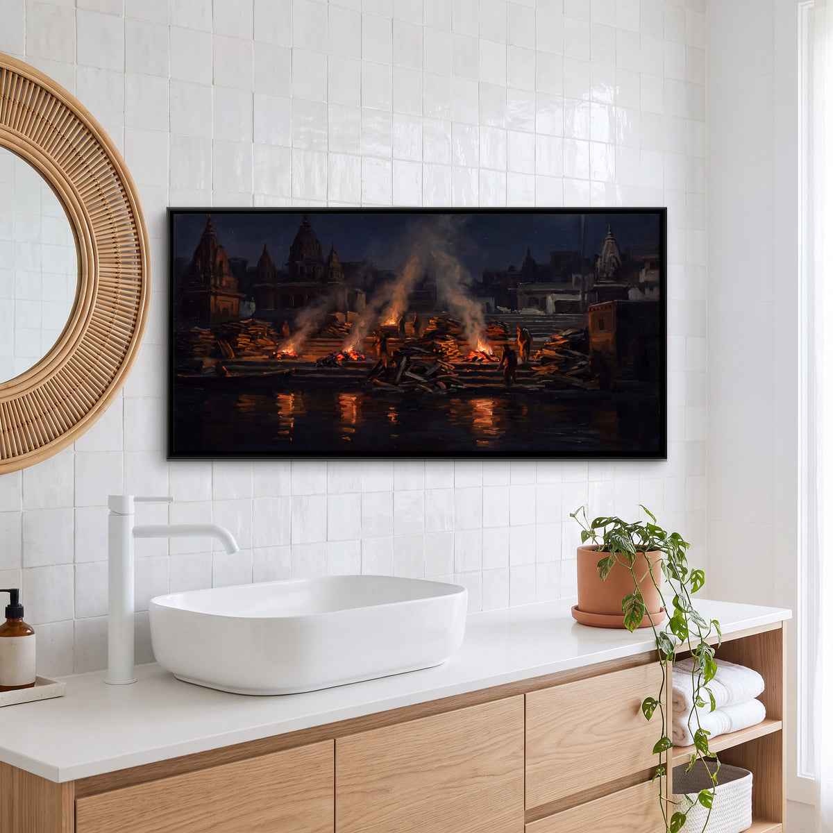 Manikarnika Ghat at Night - canvas art shown in a styled room