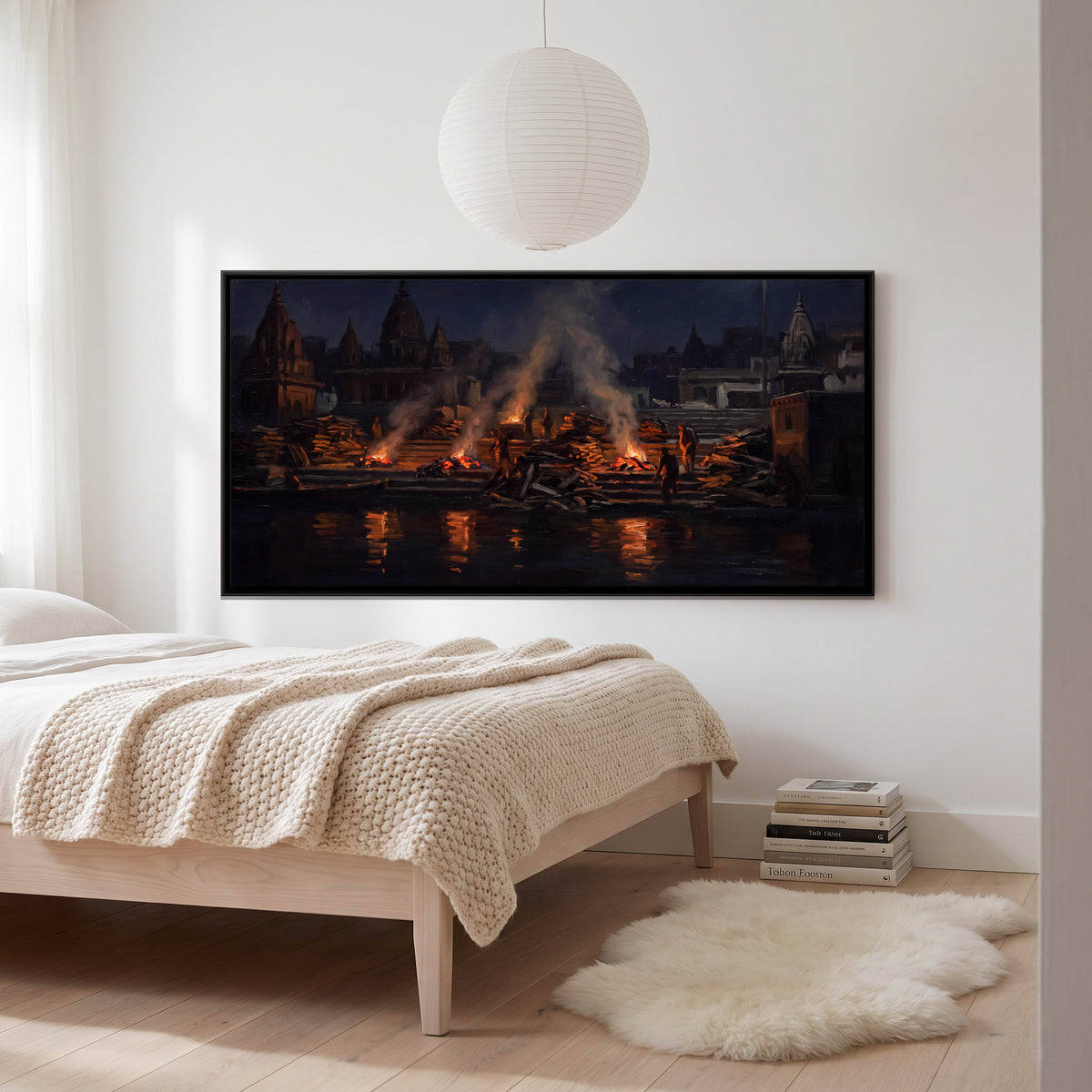 Manikarnika Ghat at Night - canvas art shown in a second room setting