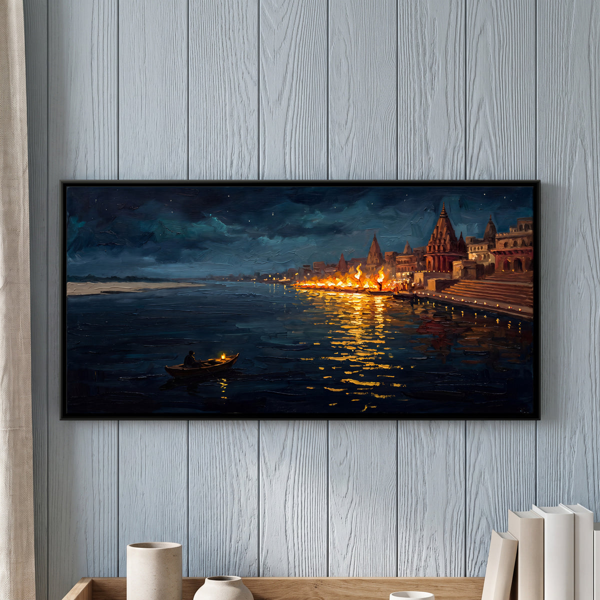 Night Fires on the Ghats - framed canvas art hung on a wall