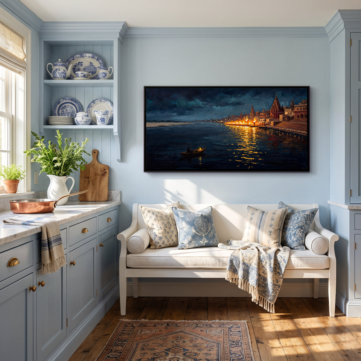 Night Fires on the Ghats - canvas art shown in a second room setting