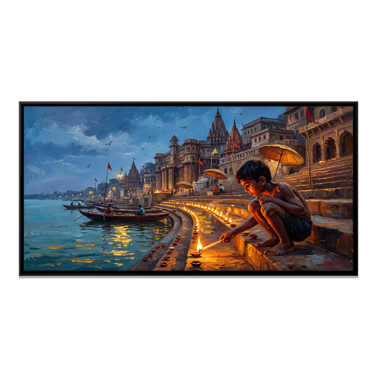 Boy Lighting Diyas on the Ghat - framed canvas print, front view