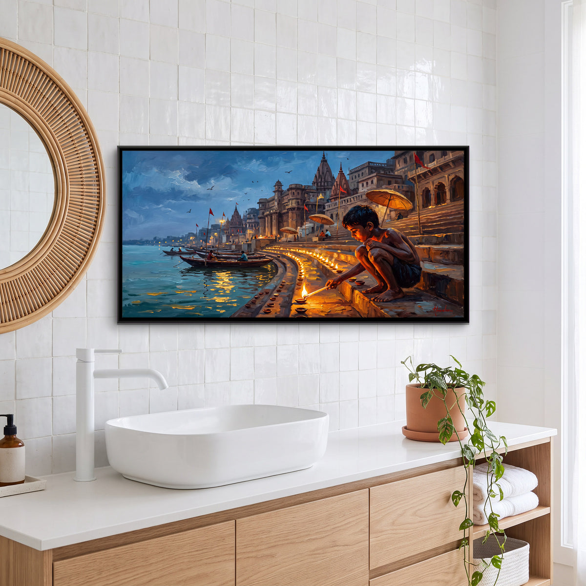 Boy Lighting Diyas on the Ghat - canvas art shown in a styled room