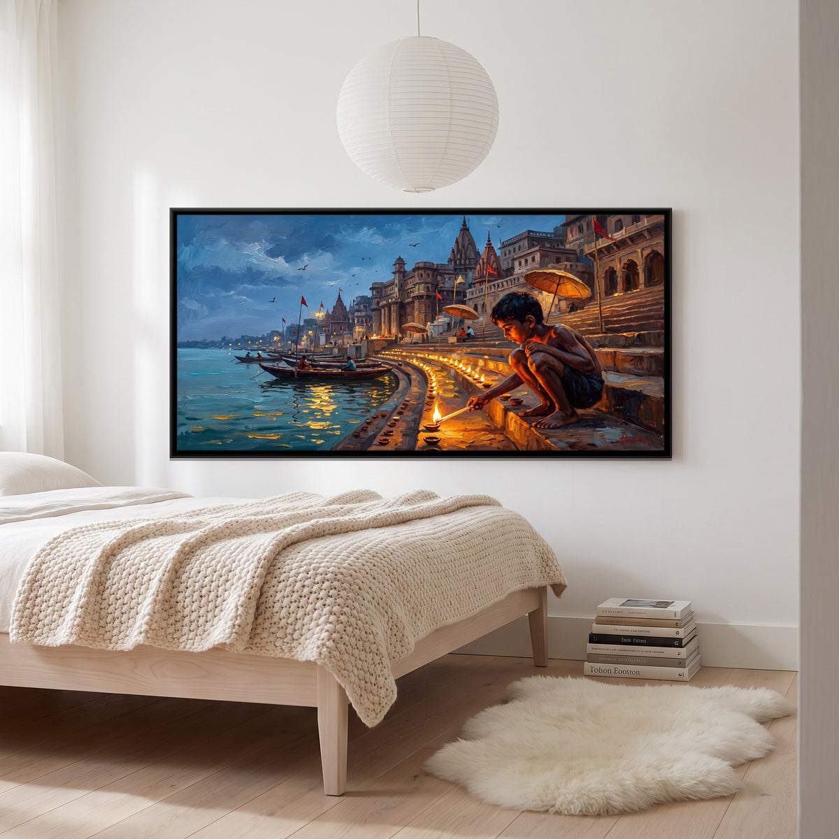 Boy Lighting Diyas on the Ghat - canvas art shown in a second room setting