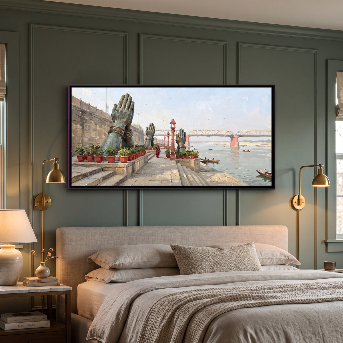 Giant Namaste Hands at the Ghat - canvas art shown in a styled room