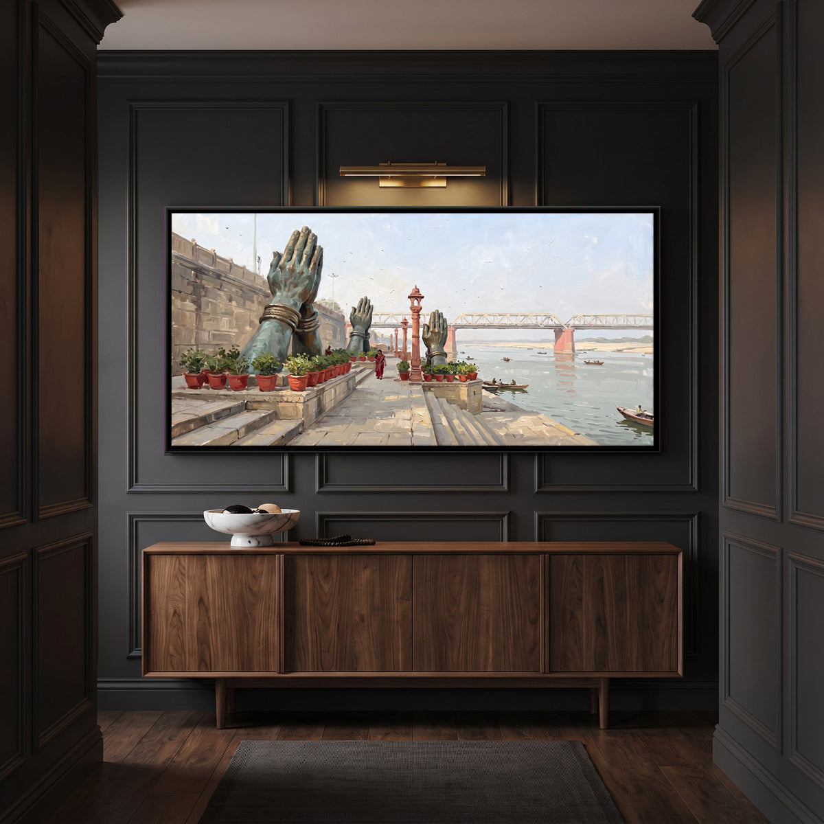 Giant Namaste Hands at the Ghat - canvas art shown in a second room setting