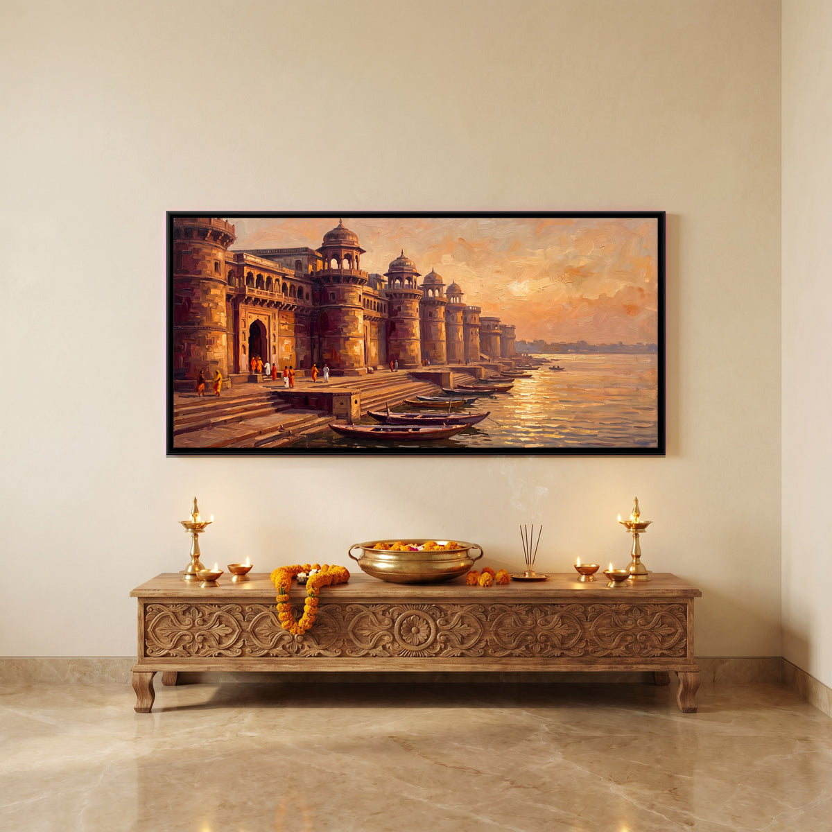 Riverside Palace at Sunset - canvas art shown in a second room setting