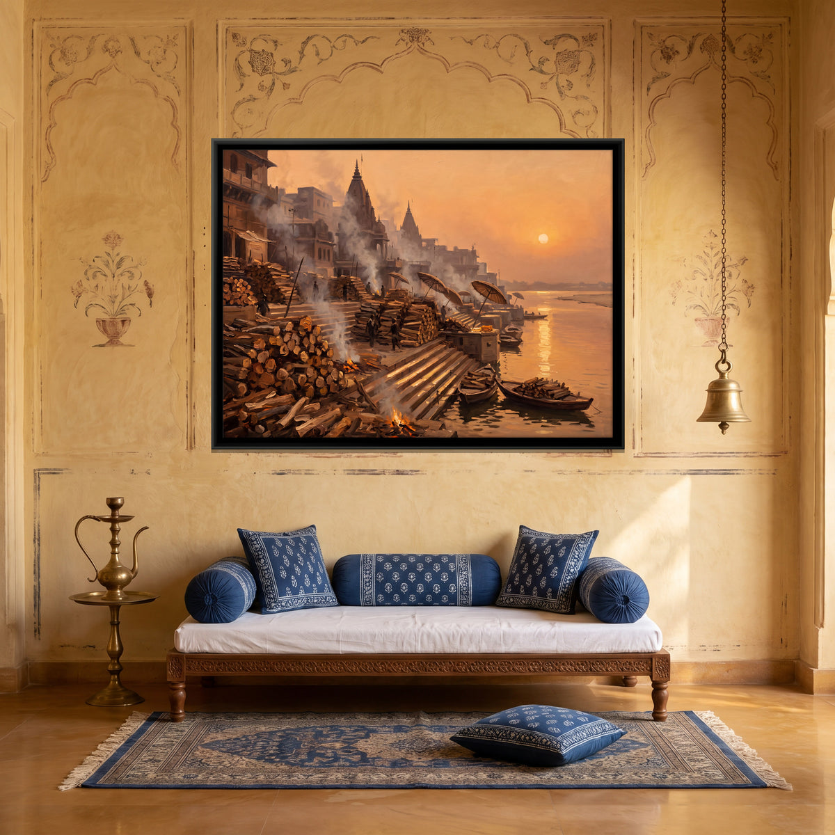 Firewood at the Burning Ghat - canvas art shown in a styled room