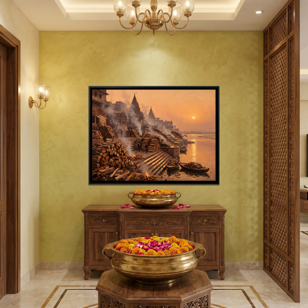 Firewood at the Burning Ghat - canvas art shown in a second room setting