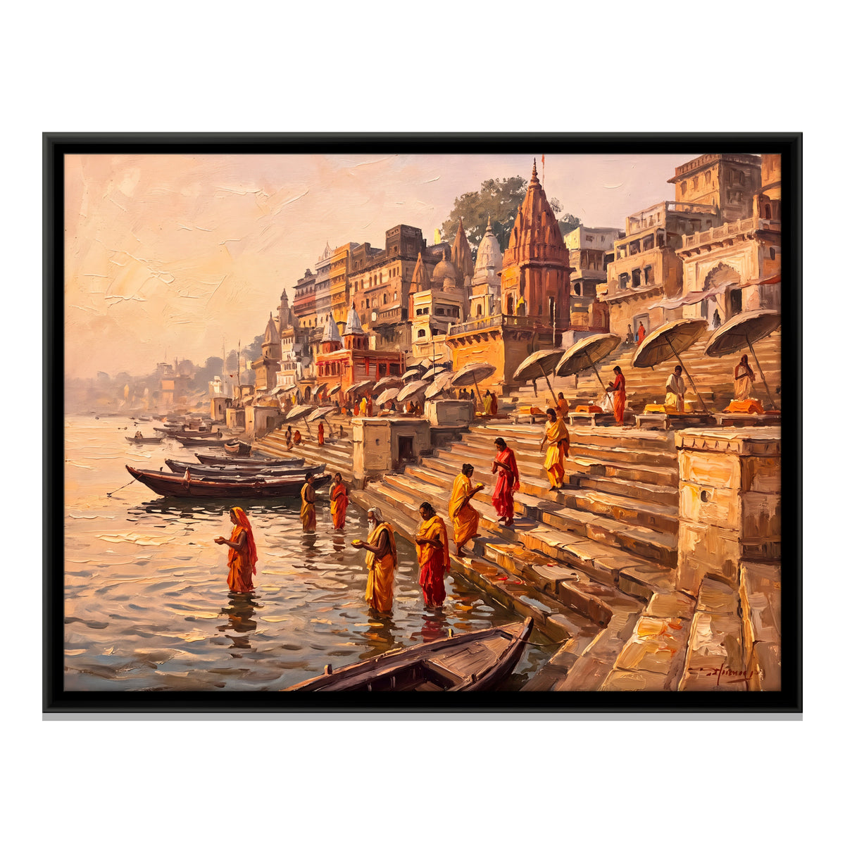 Morning Bathers on the Ghats - framed canvas print, front view