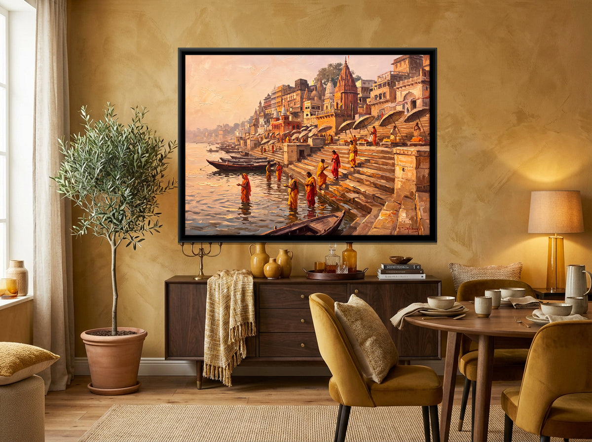 Morning Bathers on the Ghats - canvas art shown in a second room setting