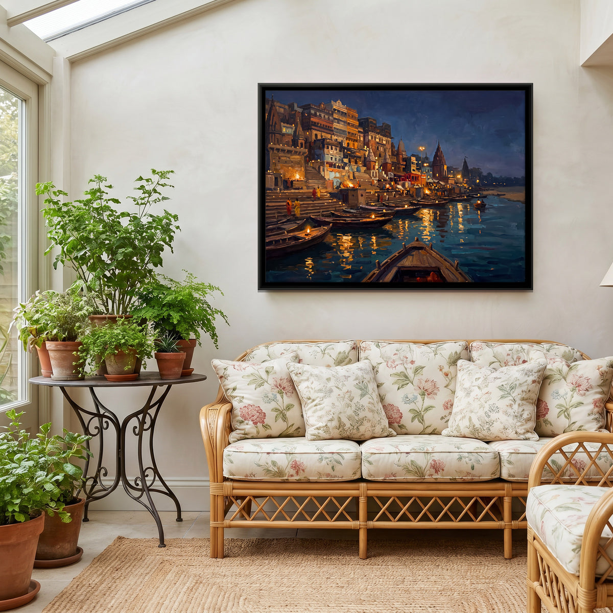 Lamplit Ghats at Night - canvas art shown in a styled room