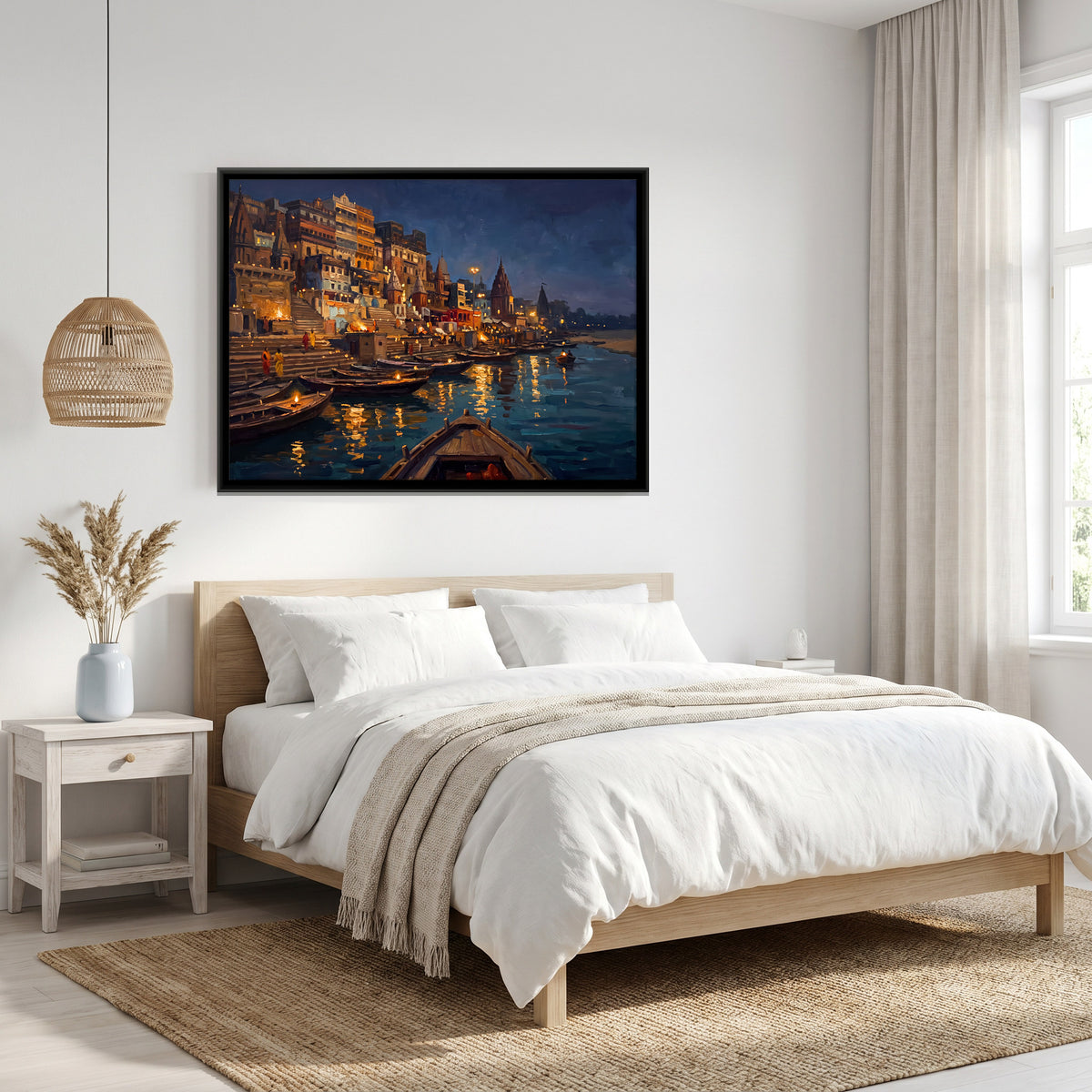 Lamplit Ghats at Night - canvas art shown in a second room setting