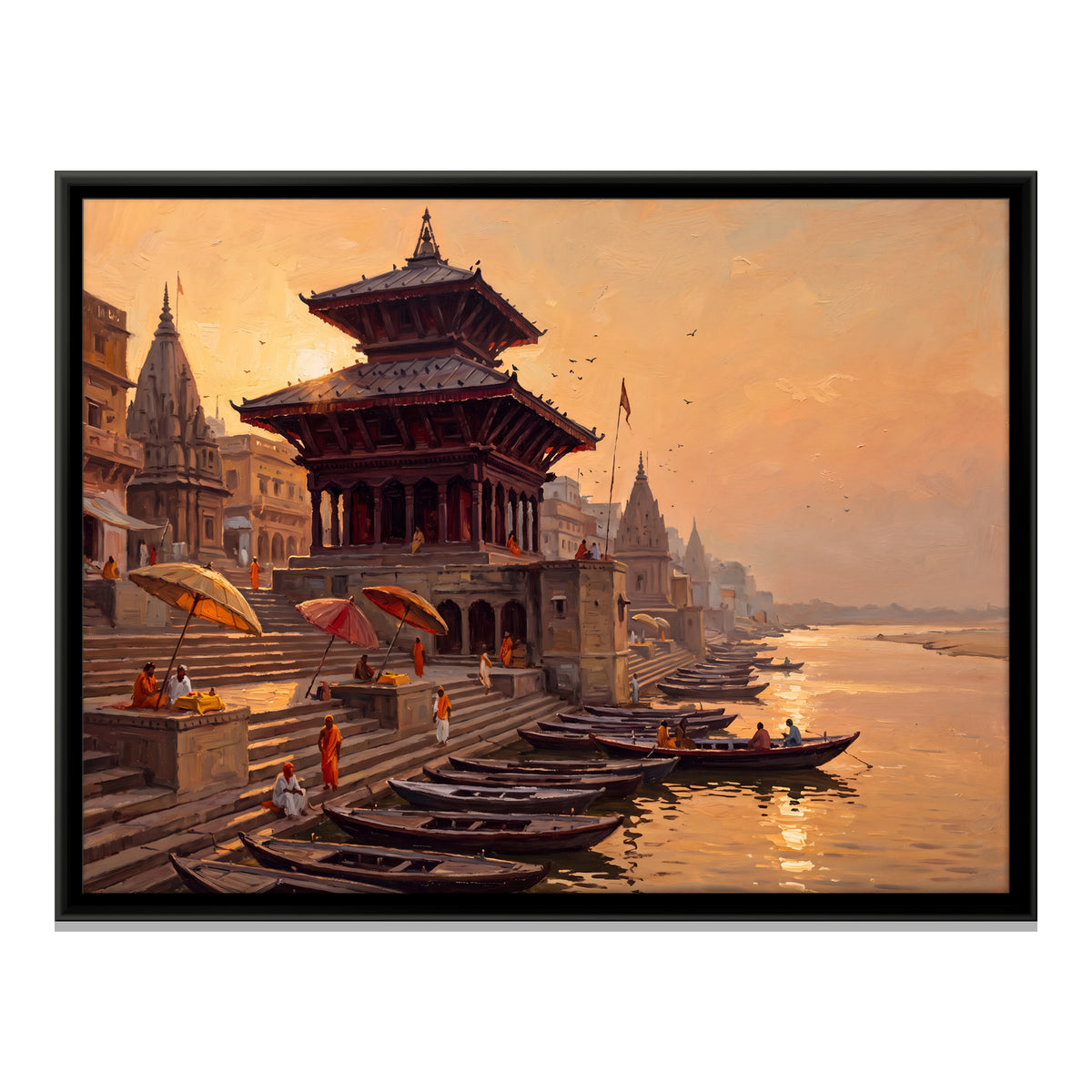 Nepali Temple on the Ghat - framed canvas print, front view