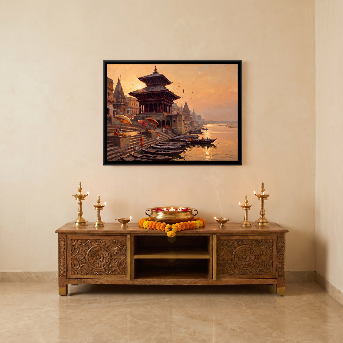Nepali Temple on the Ghat - canvas art shown in a second room setting