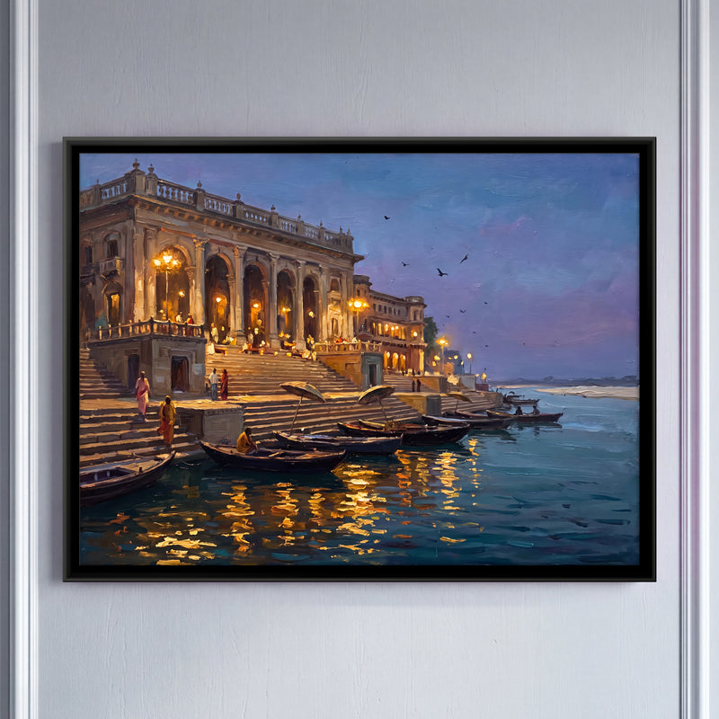 Lamplit Palace at Twilight - framed canvas art hung on a wall