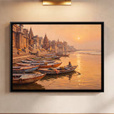 Boats Moored Along the Ghats at Sunrise