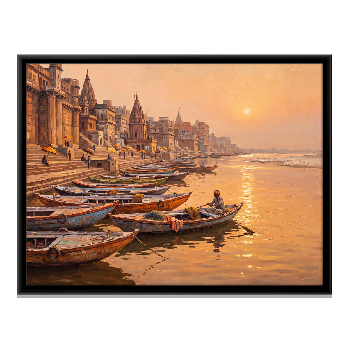 Boats Along the Ghats at Sunrise - framed canvas print, front view