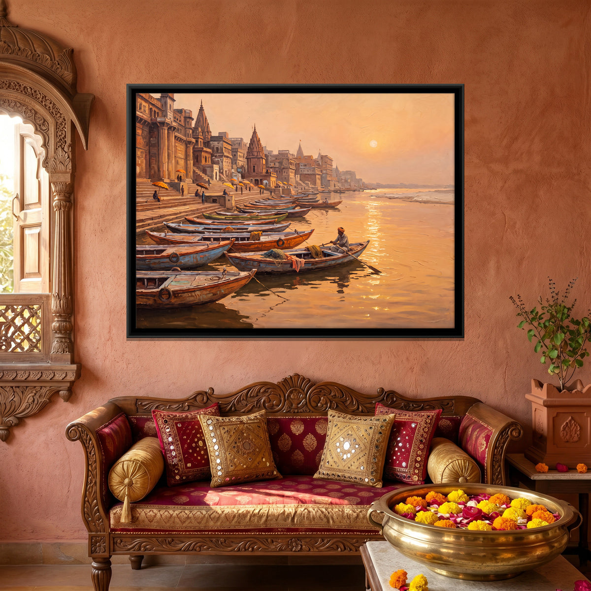 Boats Along the Ghats at Sunrise - canvas art shown in a styled room