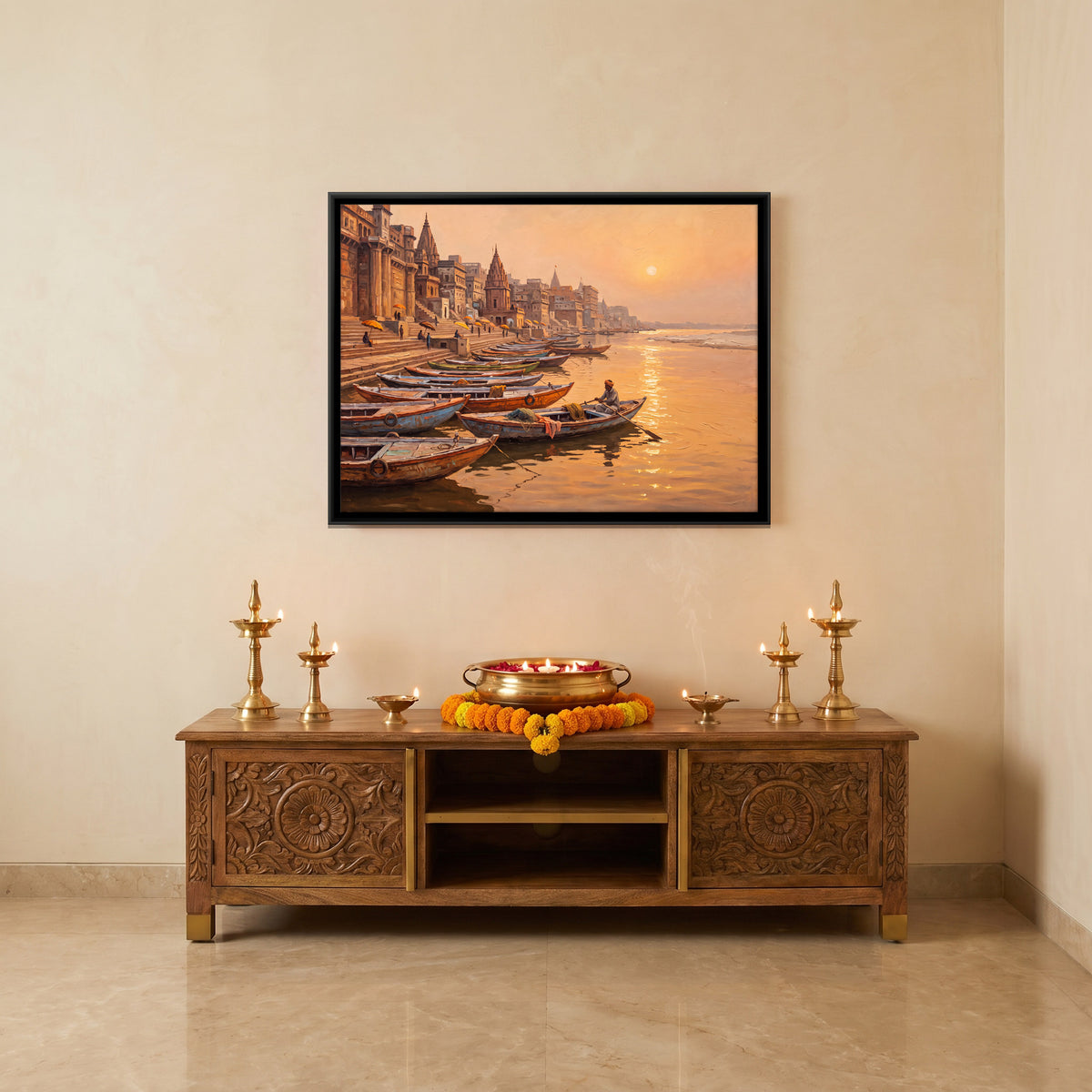 Boats Along the Ghats at Sunrise - canvas art shown in a second room setting
